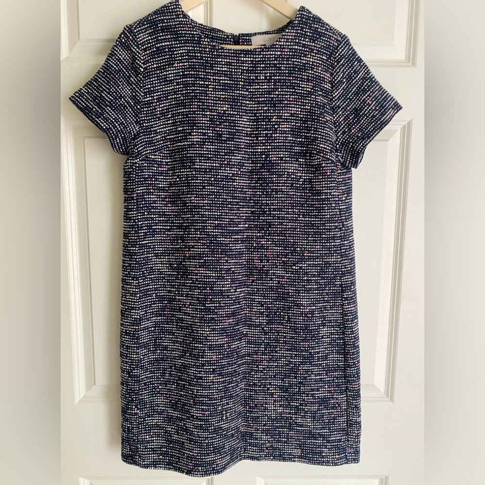 LOFT Tweed Sheath Midi Dress Size 10 Navy Short Sleeve